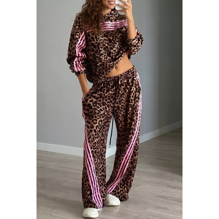 Leopard Print Contrast Striped Detail Long Sleeve Top Pant Set Apparel and Accessories