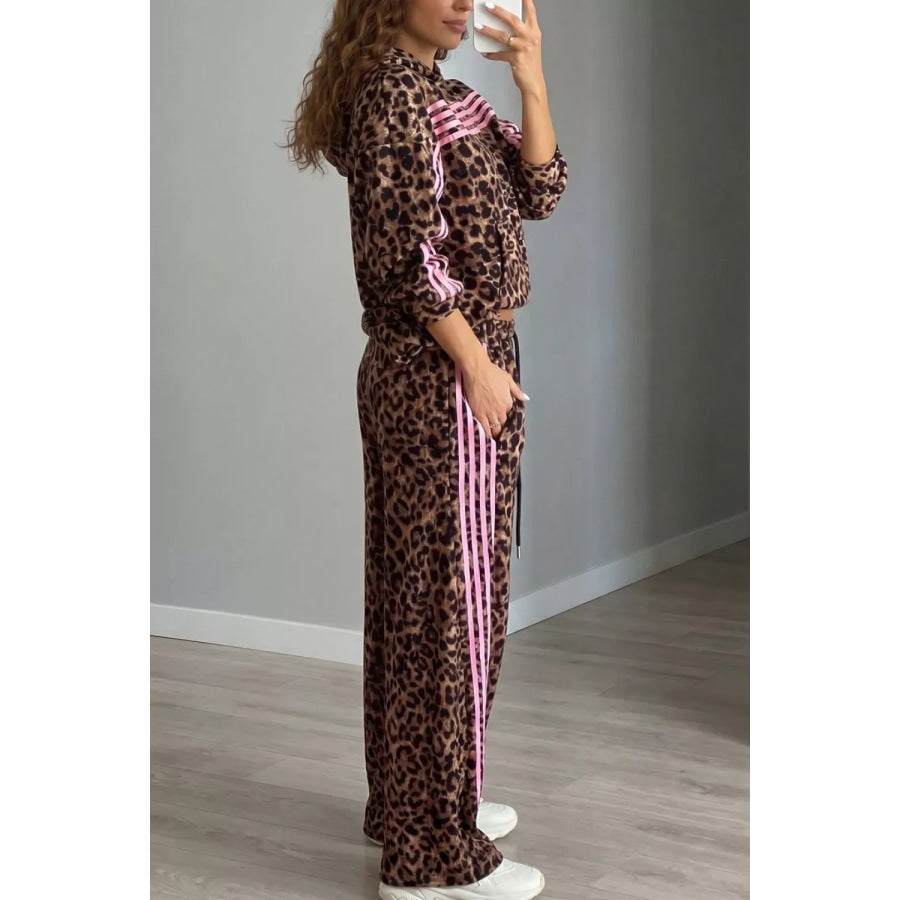 Leopard Print Contrast Striped Detail Long Sleeve Top Pant Set Apparel and Accessories
