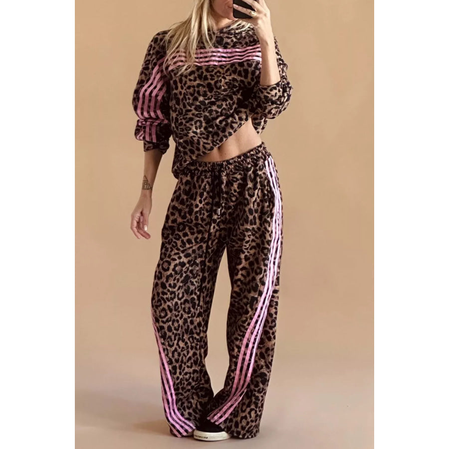 Leopard Print Contrast Striped Detail Long Sleeve Top Pant Set Apparel and Accessories
