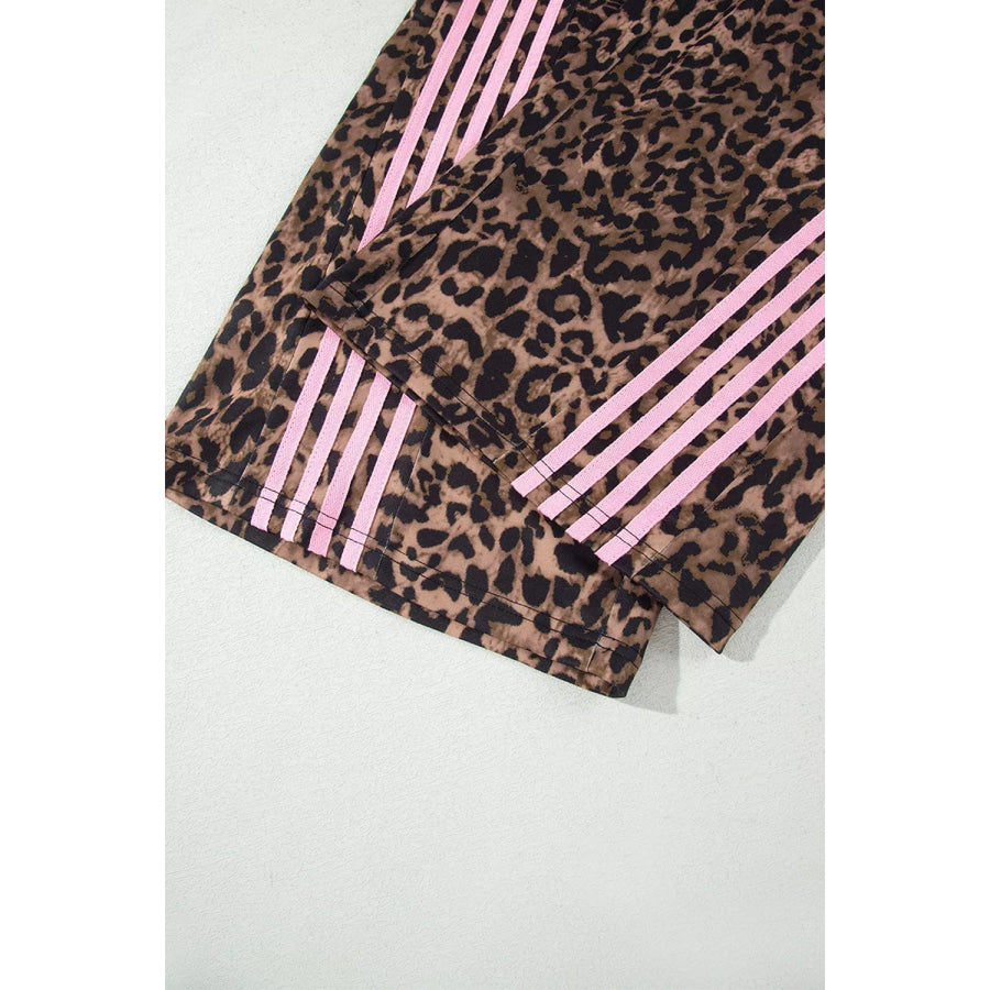 Leopard Print Contrast Striped Detail Long Sleeve Top Pant Set Apparel and Accessories