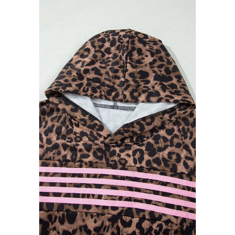 Leopard Print Contrast Striped Detail Long Sleeve Top Pant Set Apparel and Accessories