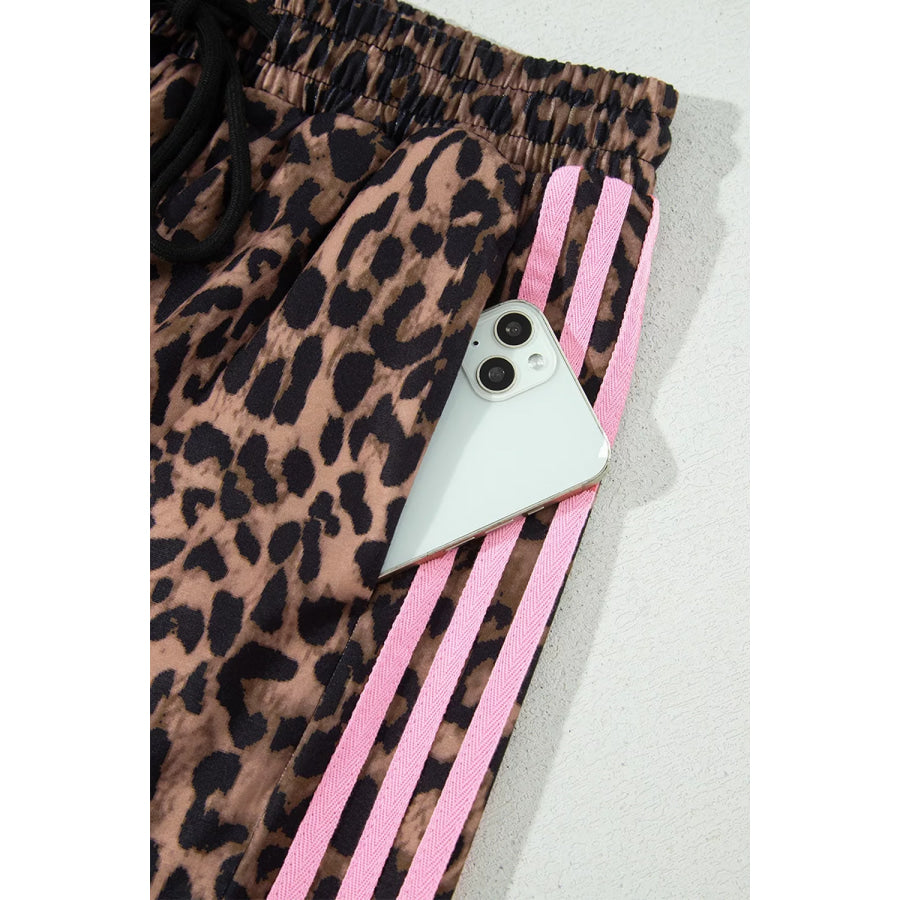 Leopard Print Contrast Striped Detail Long Sleeve Top Pant Set Apparel and Accessories