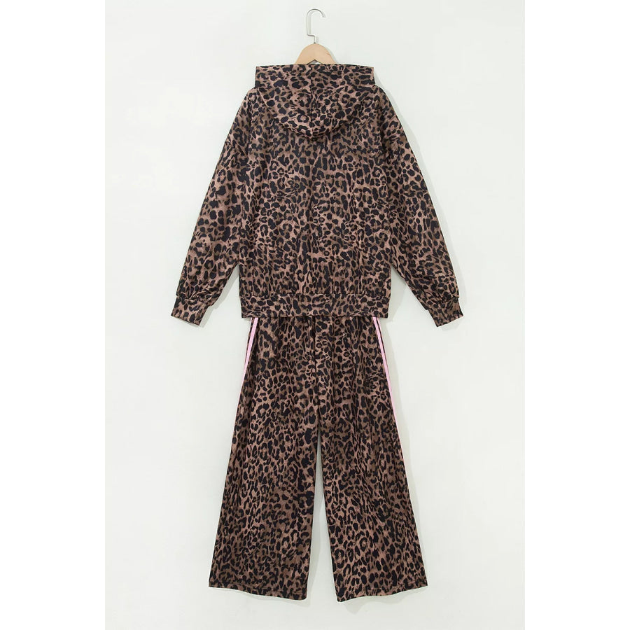 Leopard Print Contrast Striped Detail Long Sleeve Top Pant Set Apparel and Accessories