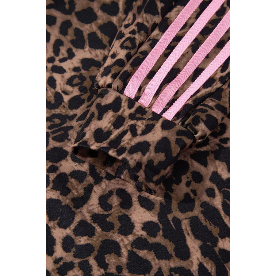 Leopard Print Contrast Striped Detail Long Sleeve Top Pant Set Apparel and Accessories
