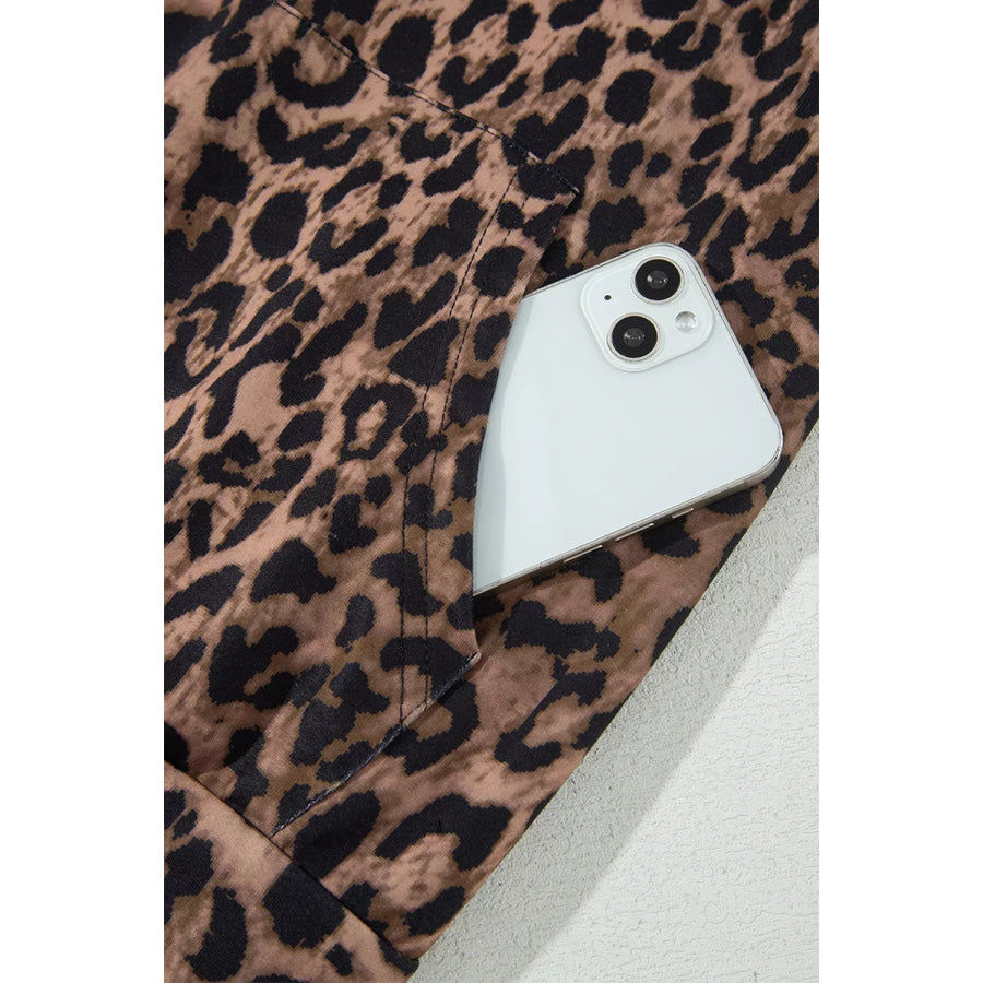 Leopard Print Contrast Striped Detail Long Sleeve Top Pant Set Apparel and Accessories