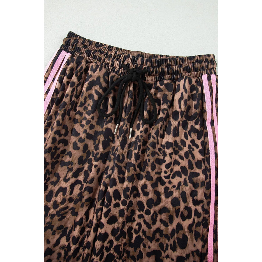 Leopard Print Contrast Striped Detail Long Sleeve Top Pant Set Apparel and Accessories