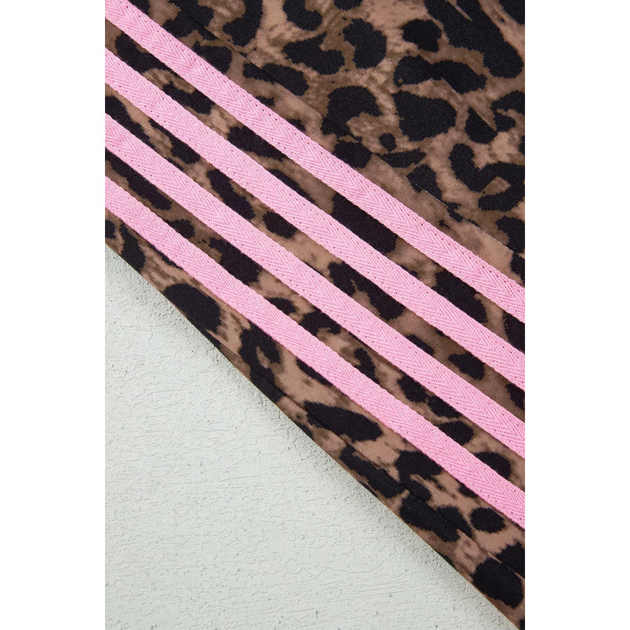 Leopard Print Contrast Striped Detail Long Sleeve Top Pant Set Apparel and Accessories