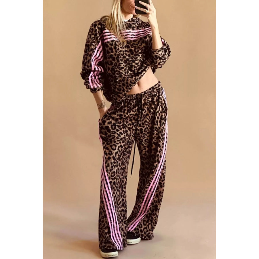 Leopard Print Contrast Striped Detail Long Sleeve Top Pant Set Apparel and Accessories