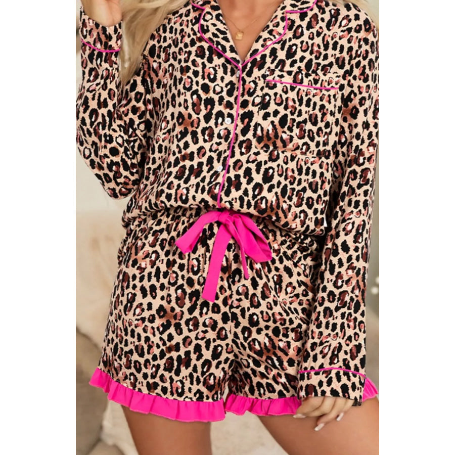 Leopard Print Contrast Trim Long Sleeve Shirt and Drawstring Ruffle Hem Shorts Set Apparel and Accessories