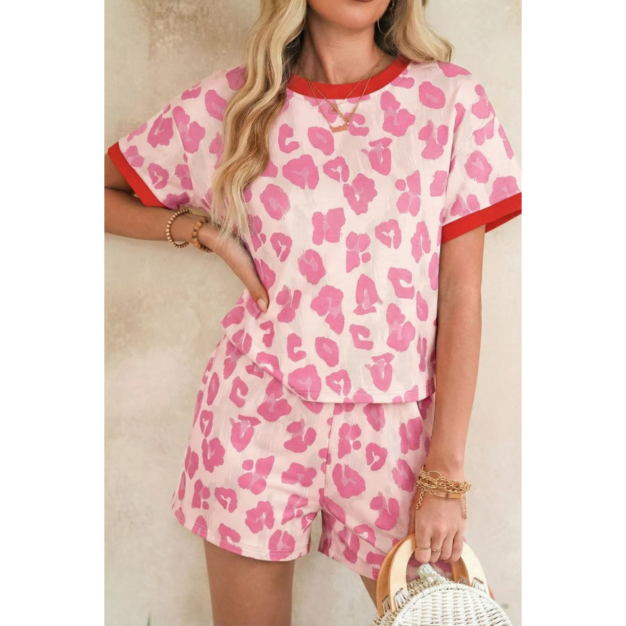 Leopard Print Contrast Trim Top Loose 2pcs Short Set Dusty Pink / S Apparel and Accessories