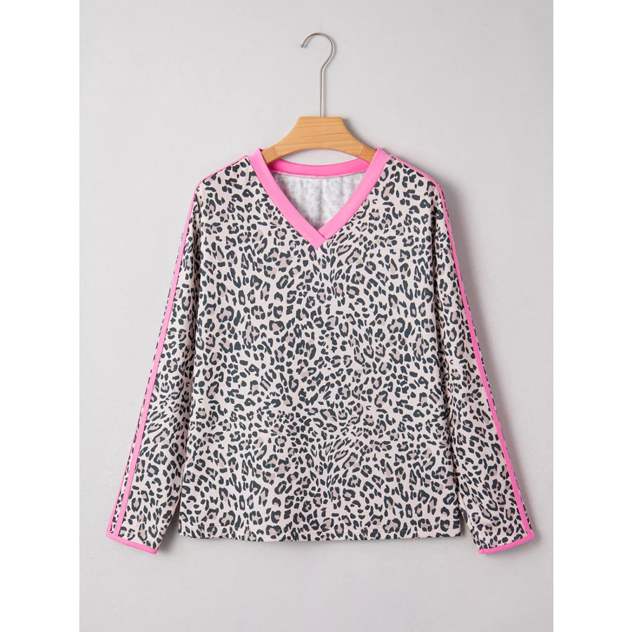 Leopard Print Contrast V Neck Varsity Stripe Detail Long Sleeve Top Apparel and Accessories