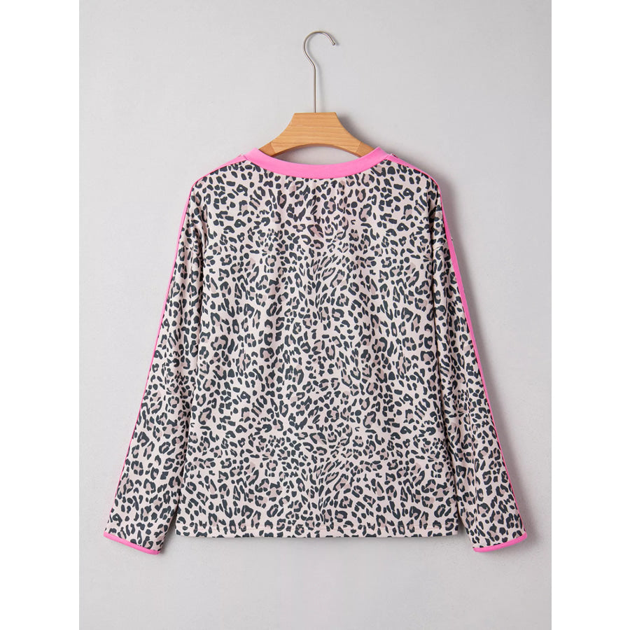 Leopard Print Contrast V Neck Varsity Stripe Detail Long Sleeve Top Apparel and Accessories