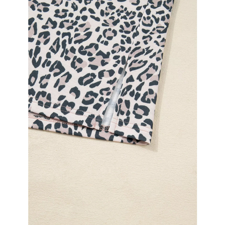 Leopard Print Contrast V Neck Varsity Stripe Detail Long Sleeve Top Apparel and Accessories