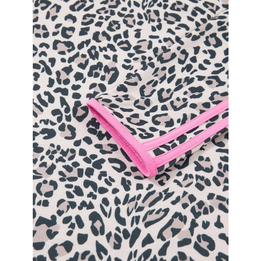 Leopard Print Contrast V Neck Varsity Stripe Detail Long Sleeve Top Apparel and Accessories
