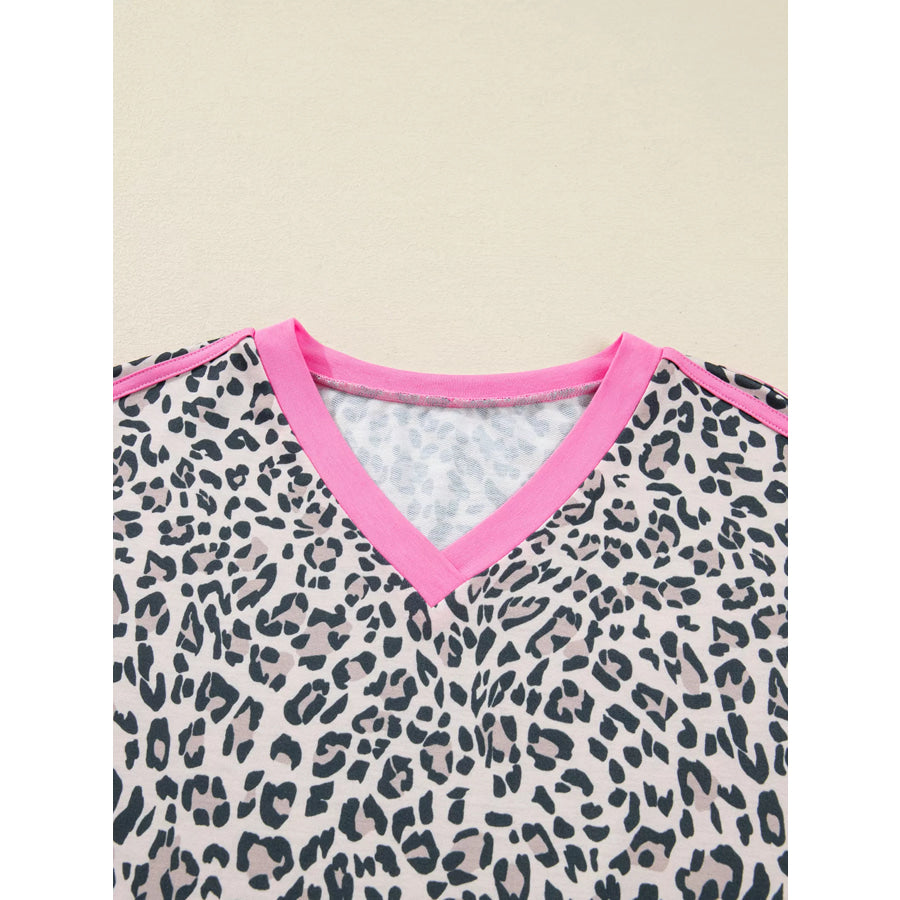Leopard Print Contrast V Neck Varsity Stripe Detail Long Sleeve Top Apparel and Accessories