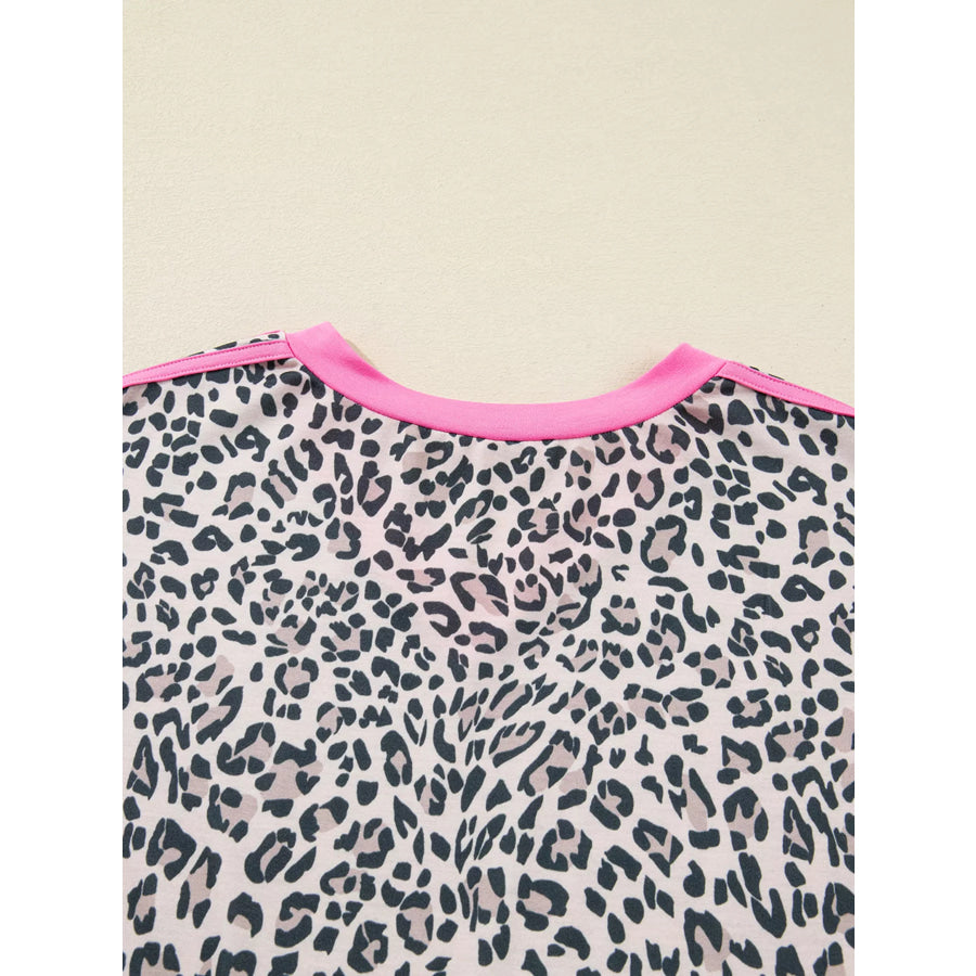 Leopard Print Contrast V Neck Varsity Stripe Detail Long Sleeve Top Apparel and Accessories