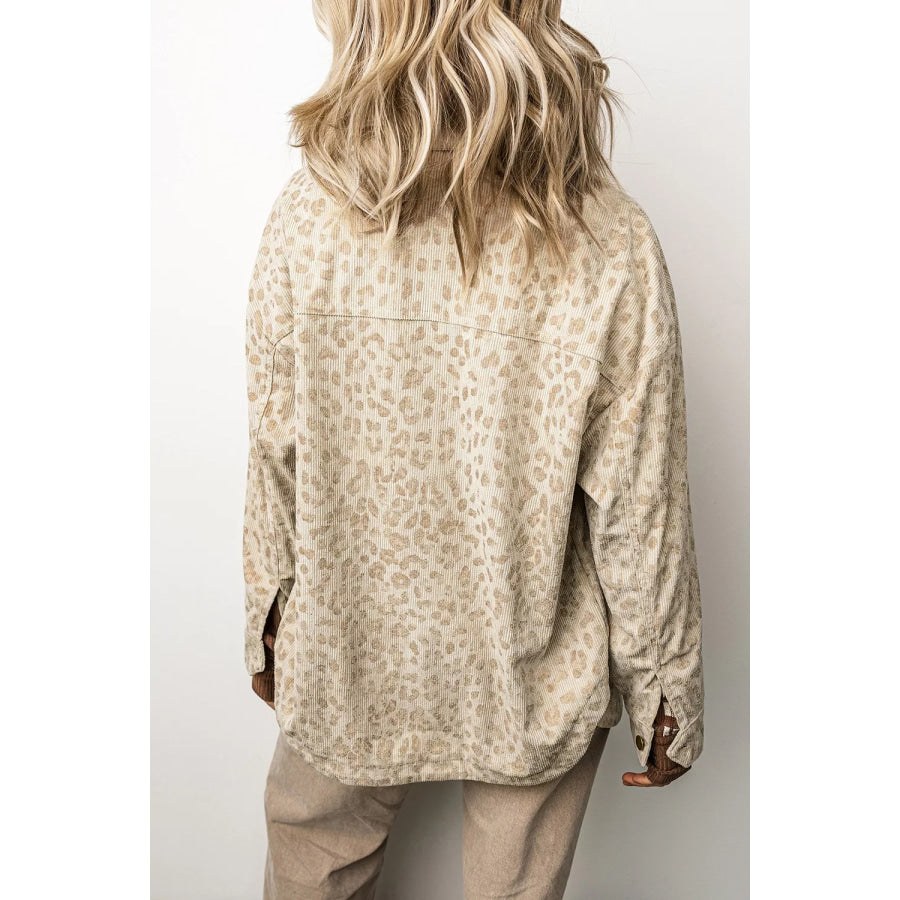 Leopard Print Corduroy Shirt Collar Long Sleeve Regular Fit Jacket Apparel and Accessories