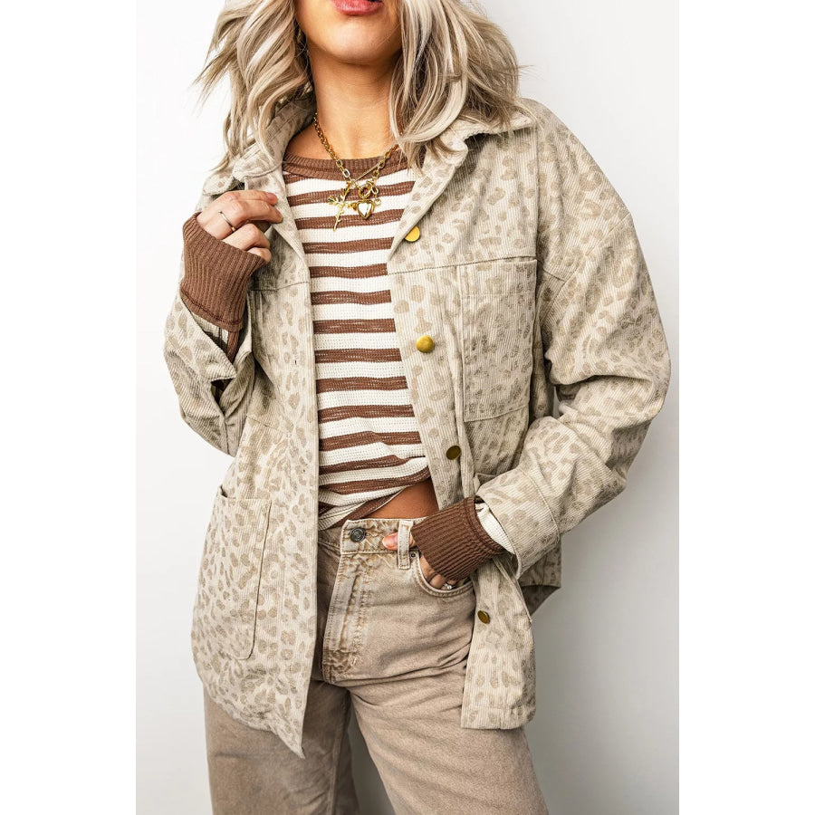 Leopard Print Corduroy Shirt Collar Long Sleeve Regular Fit Jacket Apparel and Accessories
