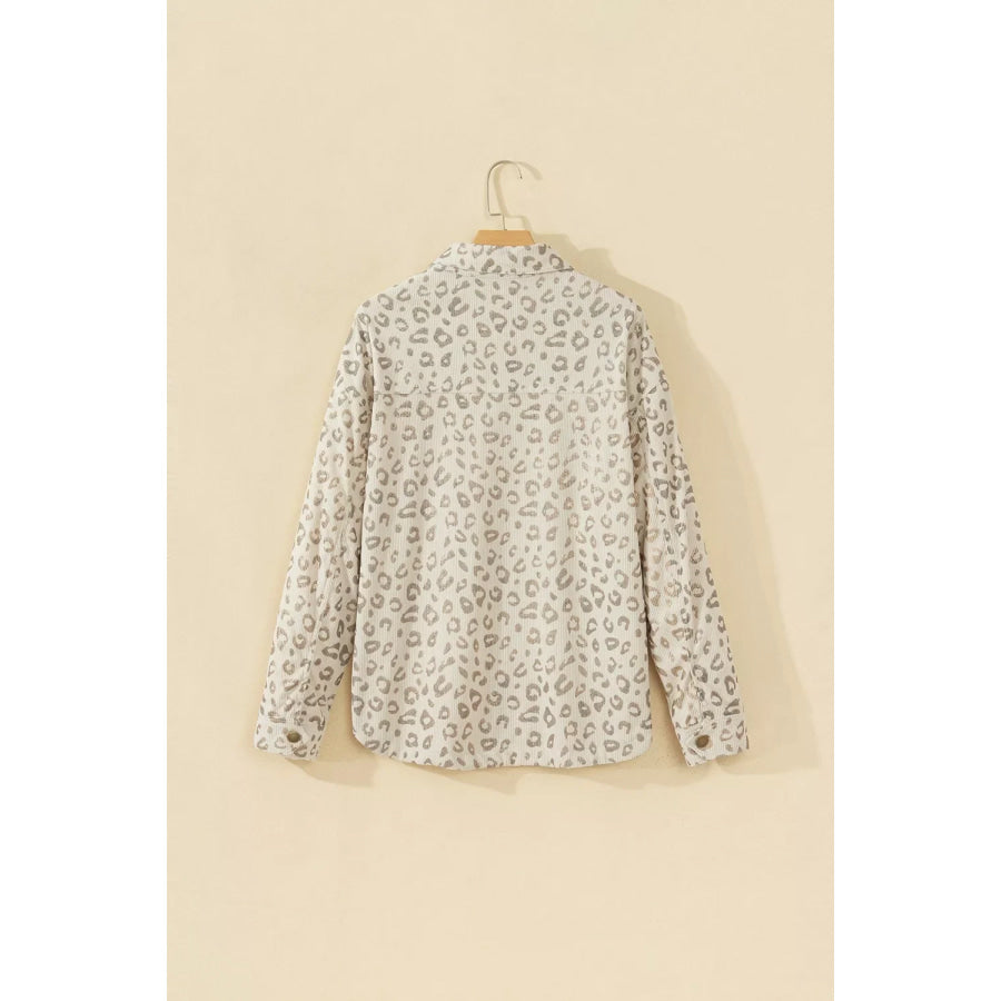 Leopard Print Corduroy Shirt Collar Long Sleeve Regular Fit Jacket Apparel and Accessories