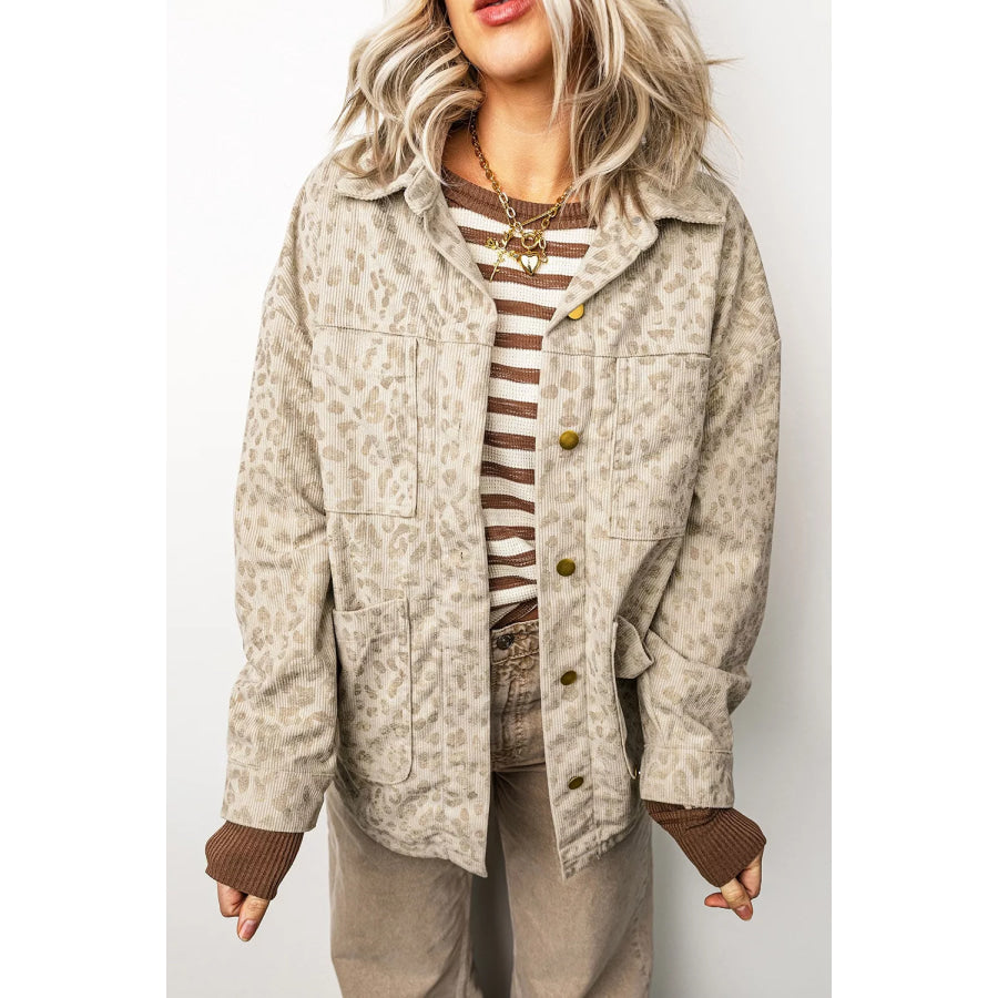 Leopard Print Corduroy Shirt Collar Long Sleeve Regular Fit Jacket Apparel and Accessories