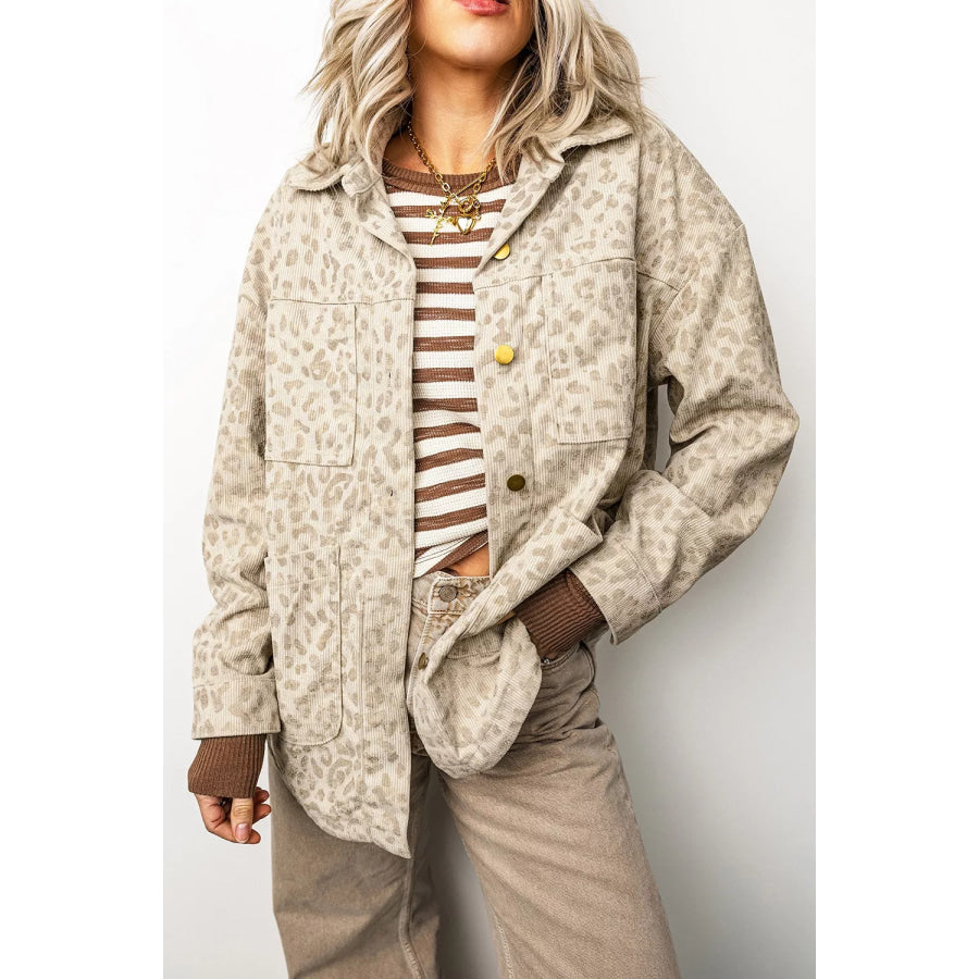 Leopard Print Corduroy Shirt Collar Long Sleeve Regular Fit Jacket Apparel and Accessories