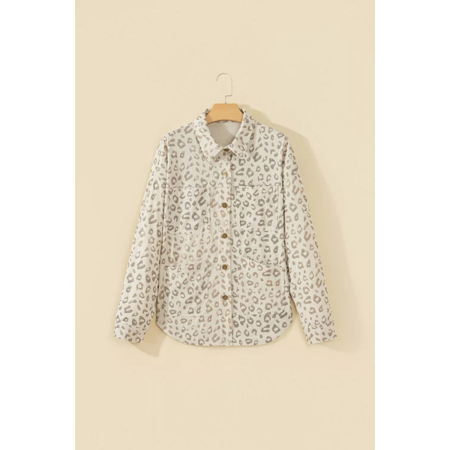 Leopard Print Corduroy Shirt Collar Long Sleeve Regular Fit Jacket Apparel and Accessories