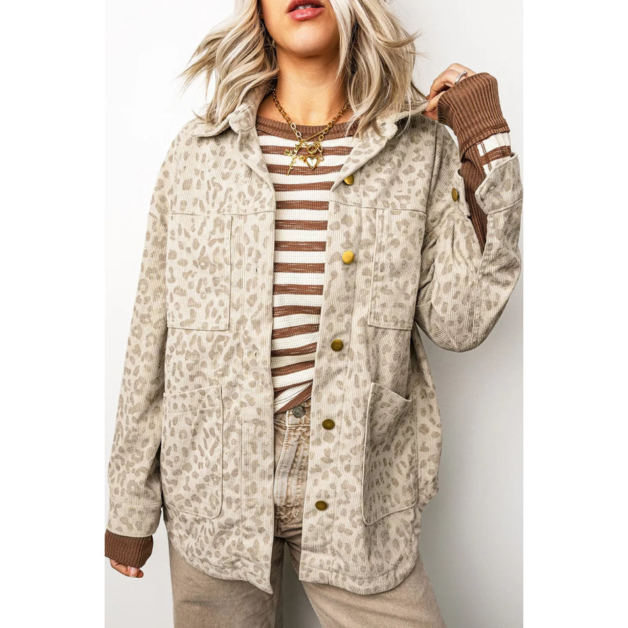 Leopard Print Corduroy Shirt Collar Long Sleeve Regular Fit Jacket Apparel and Accessories