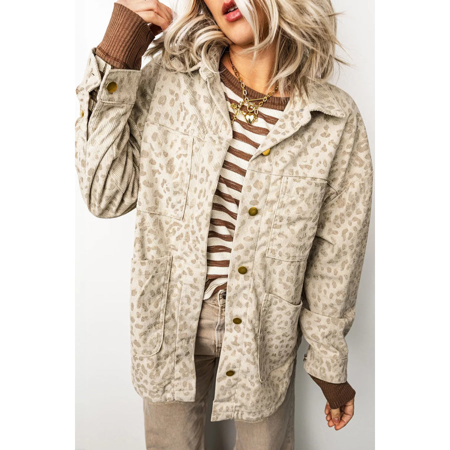 Leopard Print Corduroy Shirt Collar Long Sleeve Regular Fit Jacket Apparel and Accessories