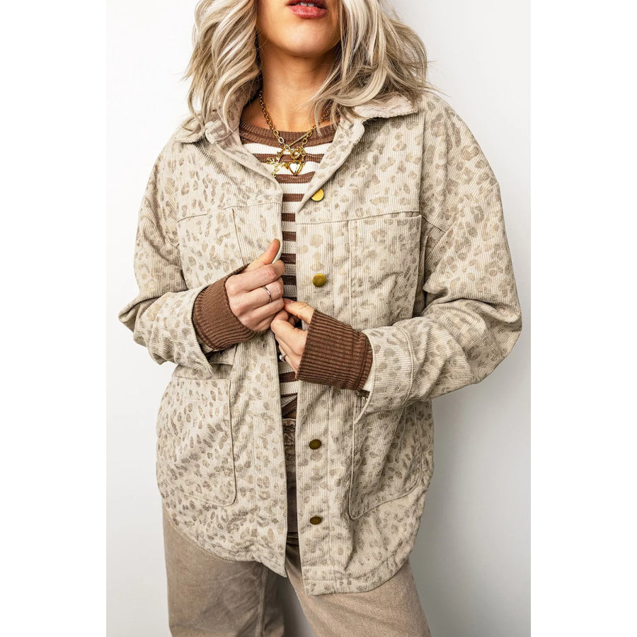 Leopard Print Corduroy Shirt Collar Long Sleeve Regular Fit Jacket Khaki / S Apparel and Accessories