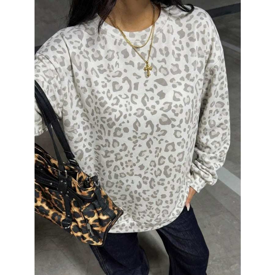 Leopard Print Crew Neck Sweatshirt Light Gray / S Apparel and Accessories
