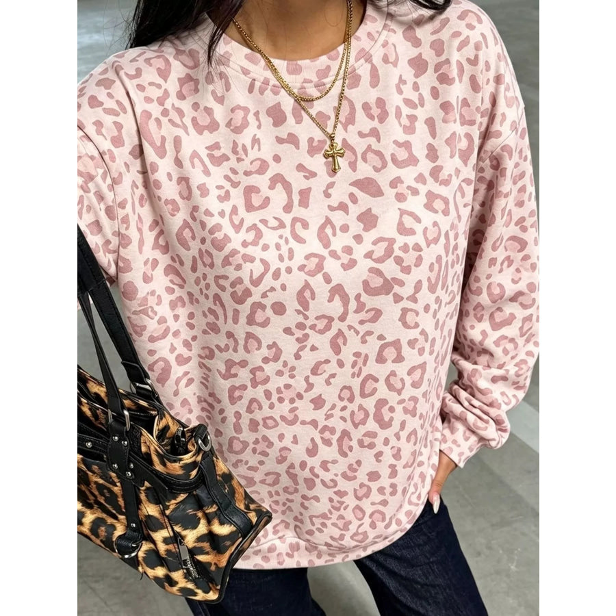 Leopard Print Crew Neck Sweatshirt Pink / S Apparel and Accessories