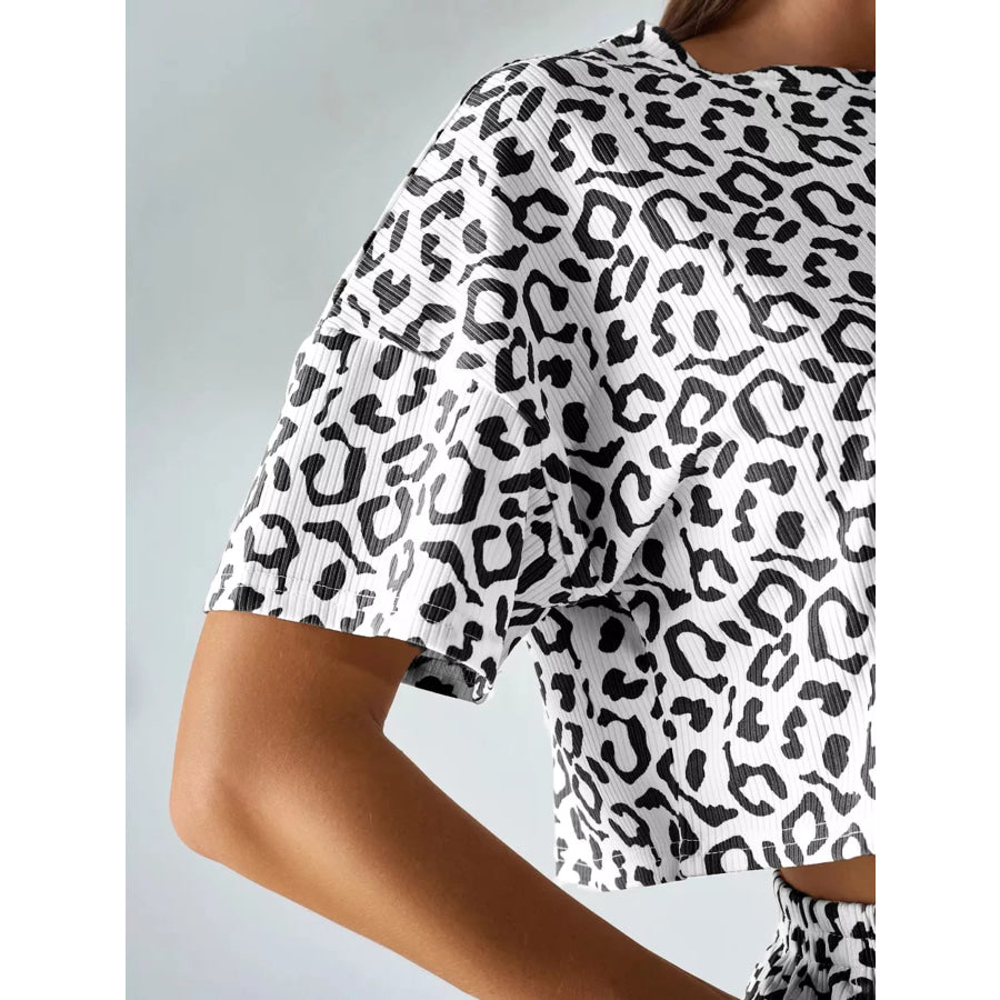 Leopard Print Crop Top and High-Waisted Shorts Set Apparel Accessories