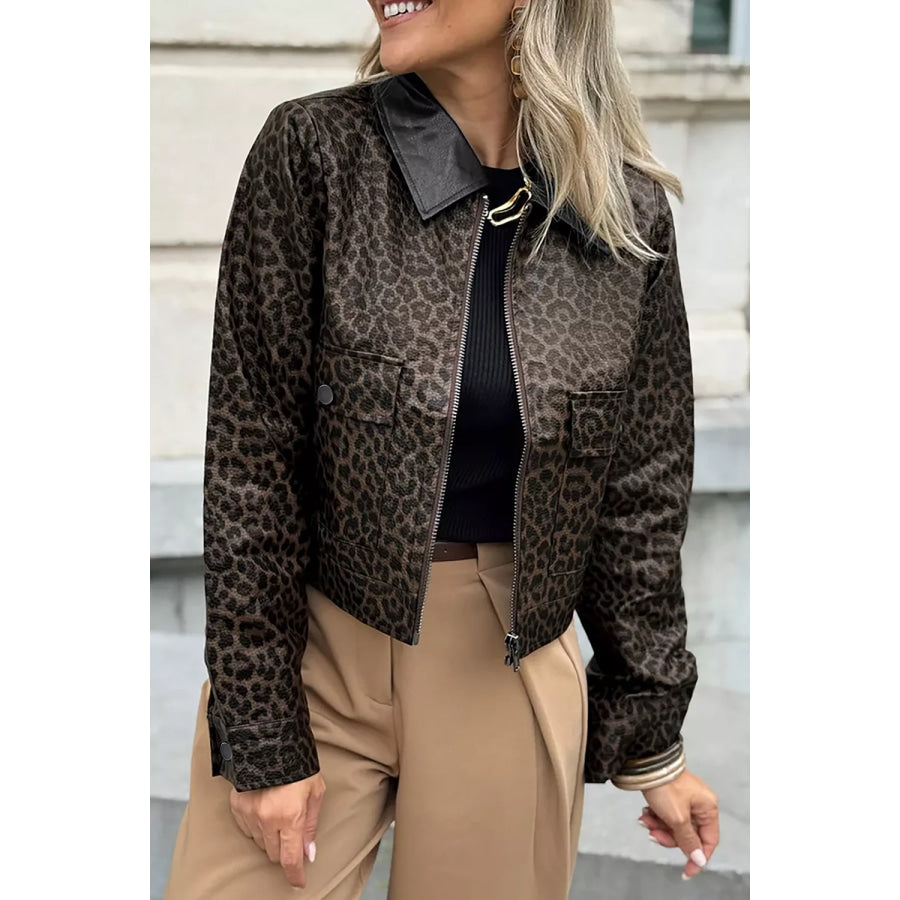 Leopard Print Cropped Faux Leather Jacket with Utility Pockets Black / S Apparel and Accessories