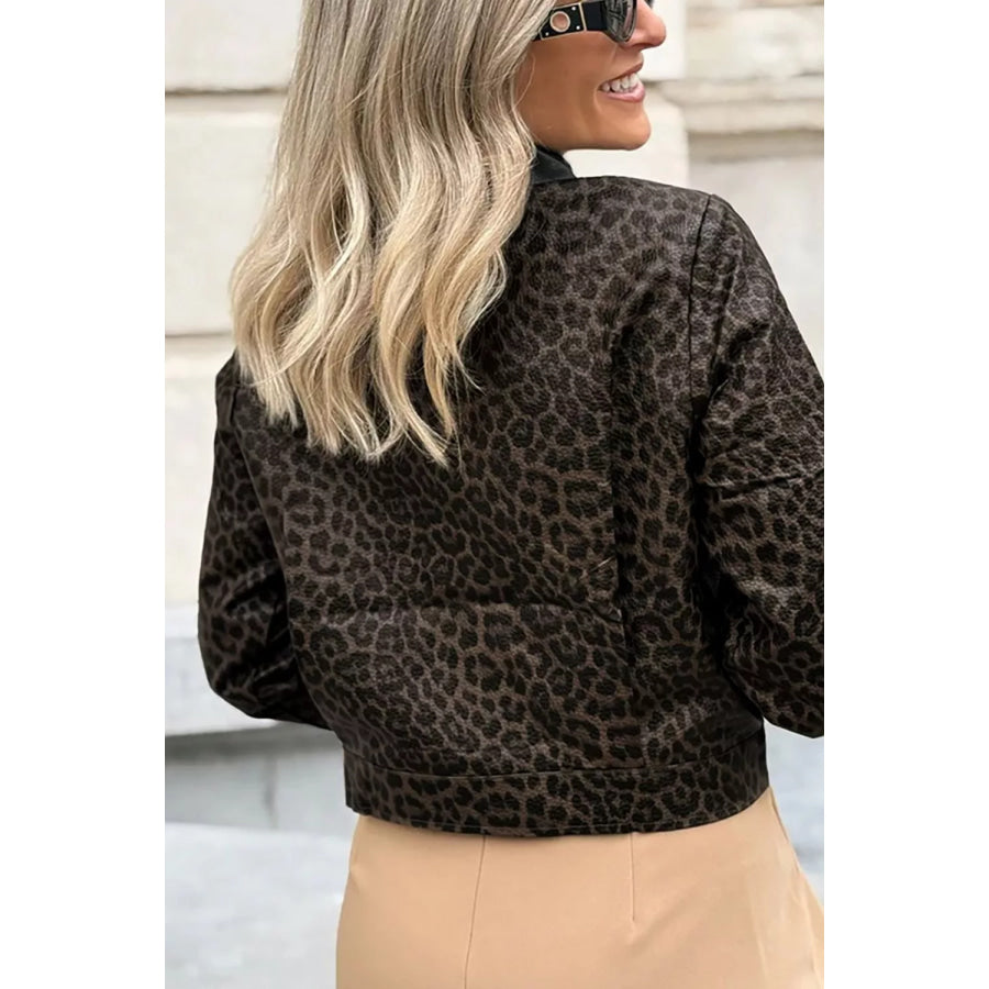 Leopard Print Cropped Faux Leather Jacket with Utility Pockets Apparel and Accessories