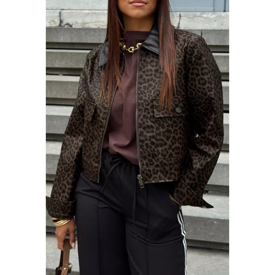 Leopard Print Cropped Faux Leather Jacket with Utility Pockets Apparel and Accessories