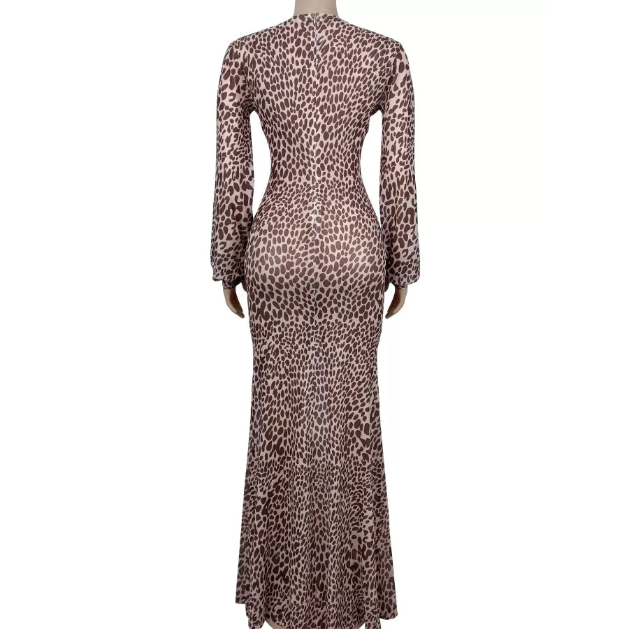 Leopard Print Deep V-Neck Long Sleeve High Slit Maxi Dress Apparel and Accessories