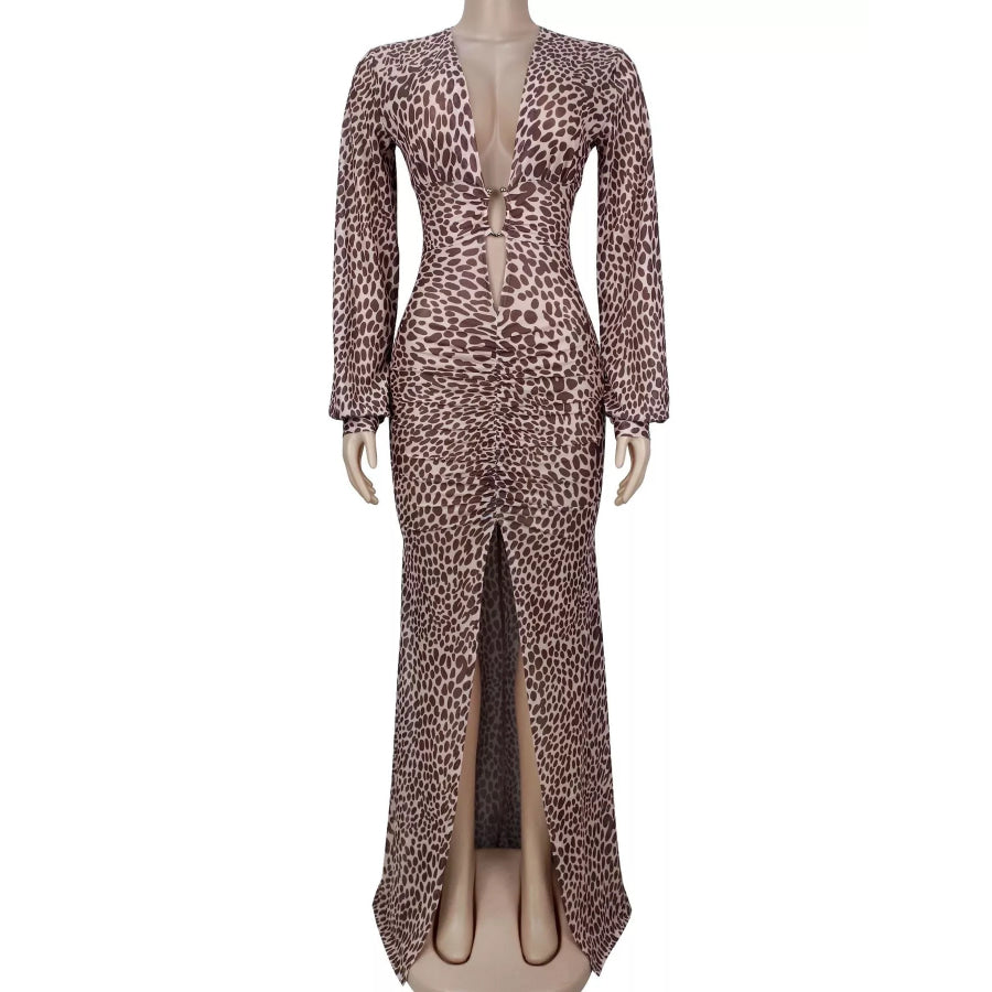 Leopard Print Deep V-Neck Long Sleeve High Slit Maxi Dress Apparel and Accessories