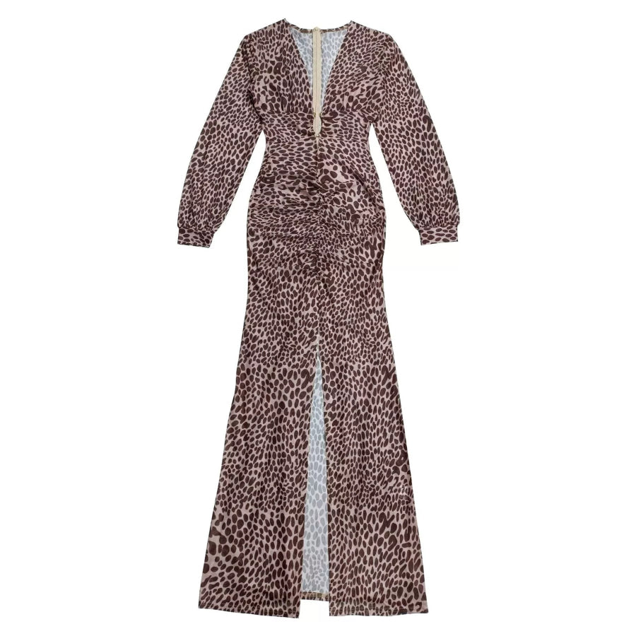 Leopard Print Deep V-Neck Long Sleeve High Slit Maxi Dress Apparel and Accessories