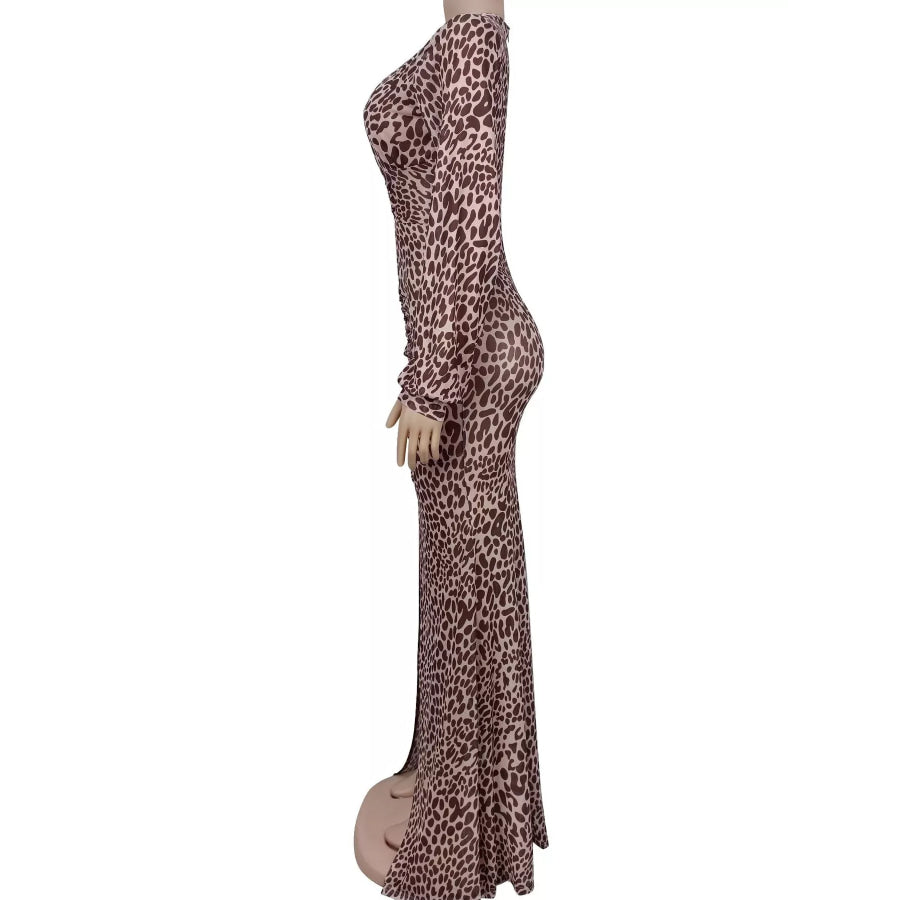 Leopard Print Deep V-Neck Long Sleeve High Slit Maxi Dress Apparel and Accessories