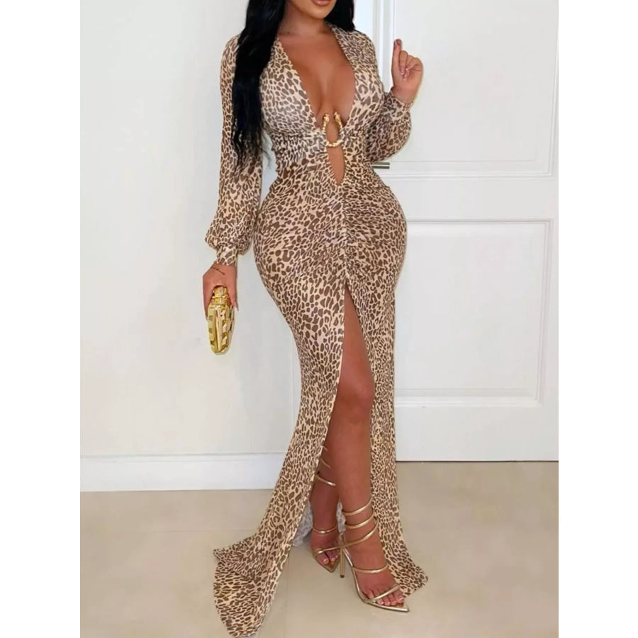 Leopard Print Deep V-Neck Long Sleeve High Slit Maxi Dress / S Apparel and Accessories
