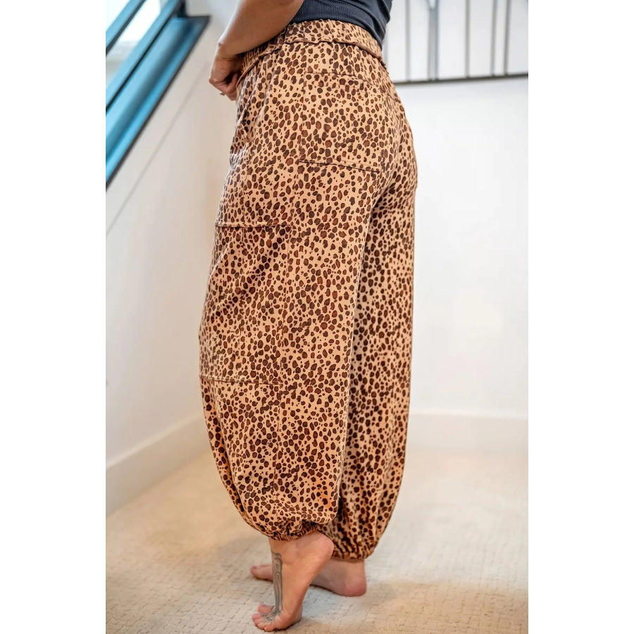 Leopard Print Drawstring Waist Patch Pockets Pants Apparel and Accessories