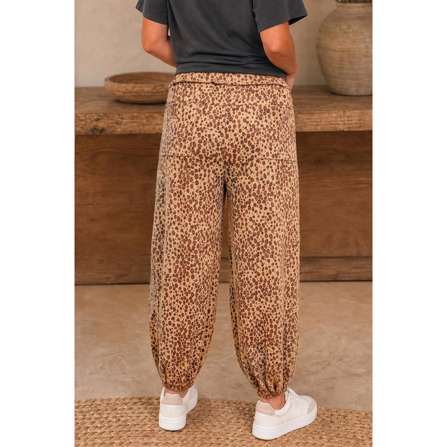 Leopard Print Drawstring Waist Patch Pockets Pants Camel / S Apparel and Accessories