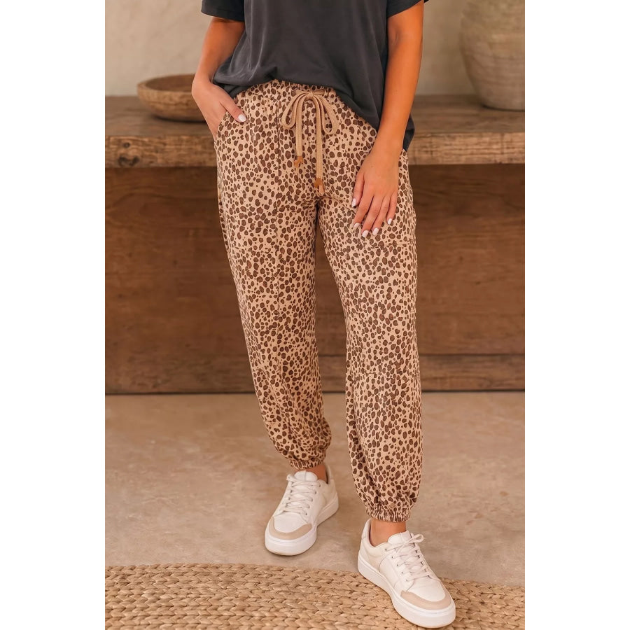 Leopard Print Drawstring Waist Patch Pockets Pants Camel / S Apparel and Accessories