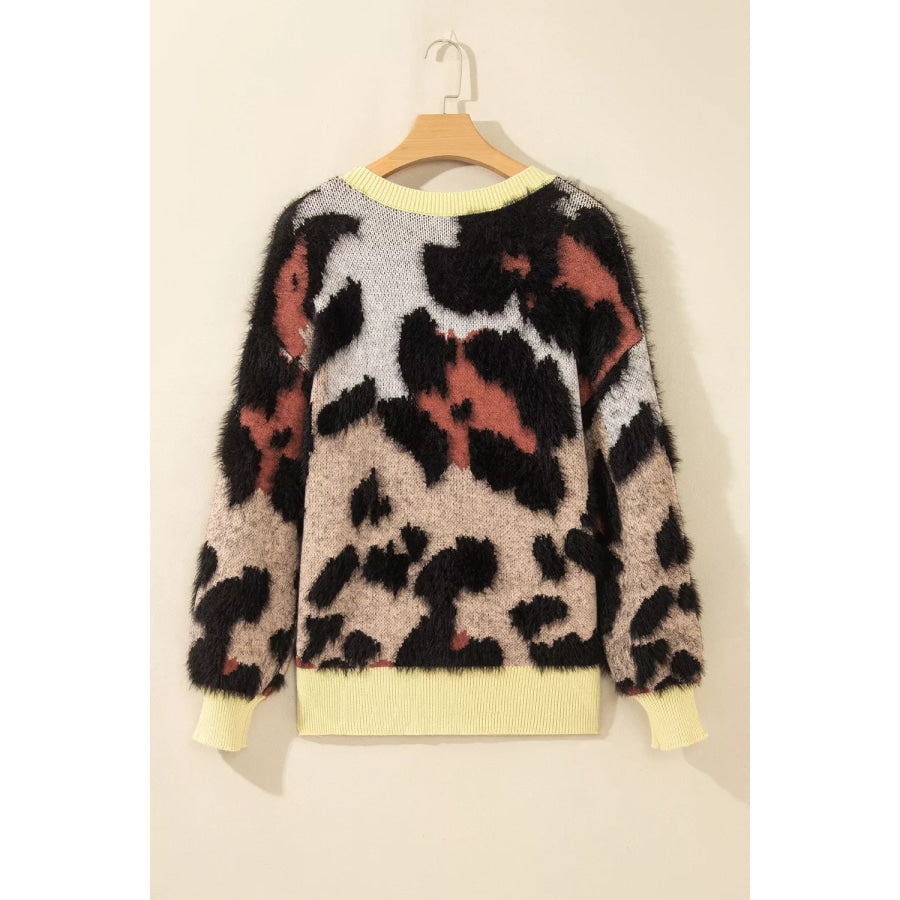 Leopard Print Drop Shoulder Long Sleeve Round Neck Sweater Apparel and Accessories