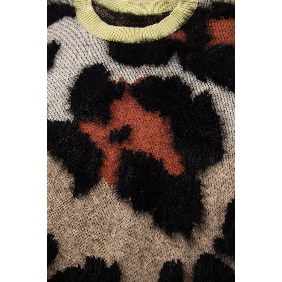 Leopard Print Drop Shoulder Long Sleeve Round Neck Sweater Apparel and Accessories