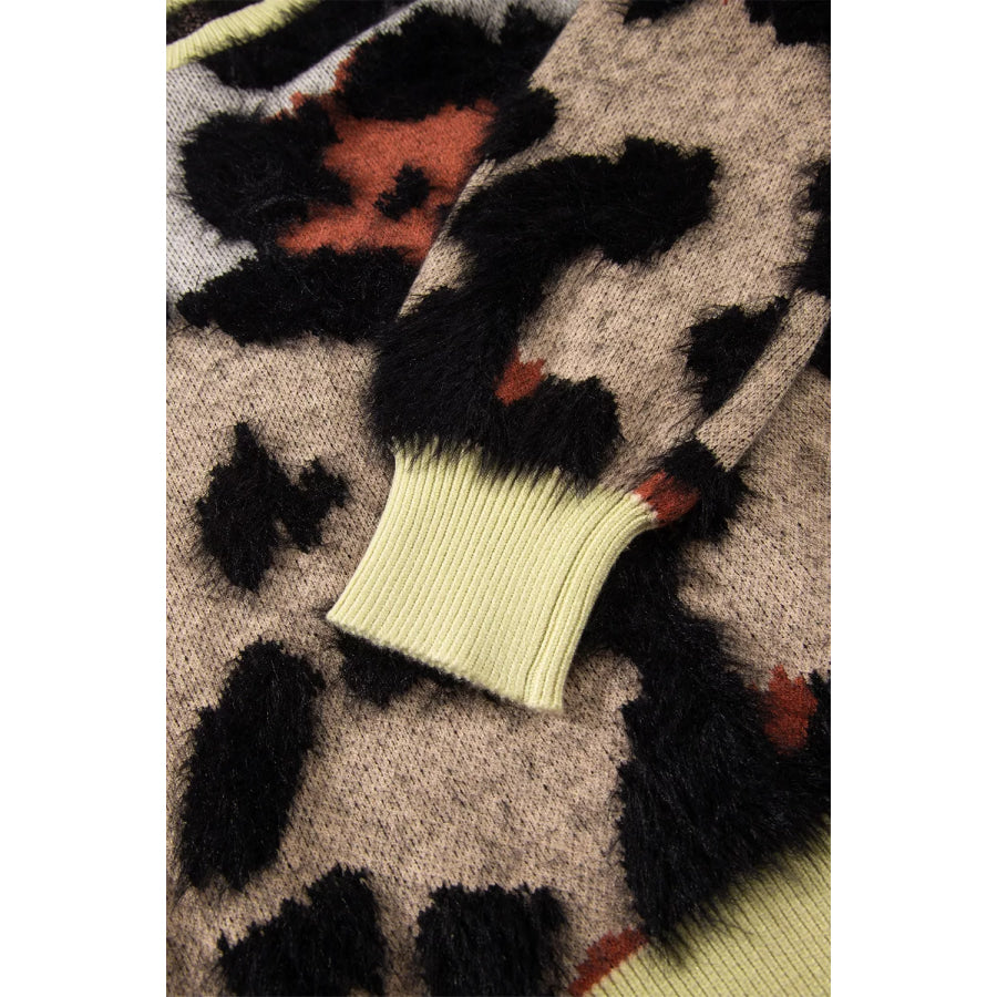 Leopard Print Drop Shoulder Long Sleeve Round Neck Sweater Apparel and Accessories