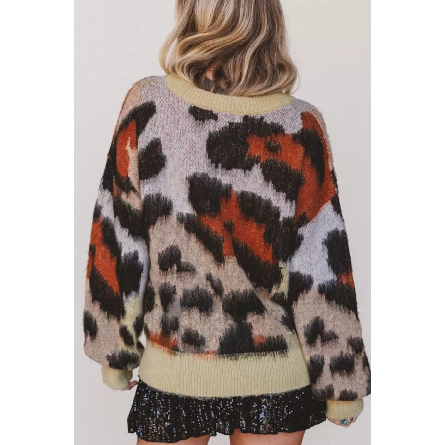 Leopard Print Drop Shoulder Long Sleeve Round Neck Sweater Apparel and Accessories