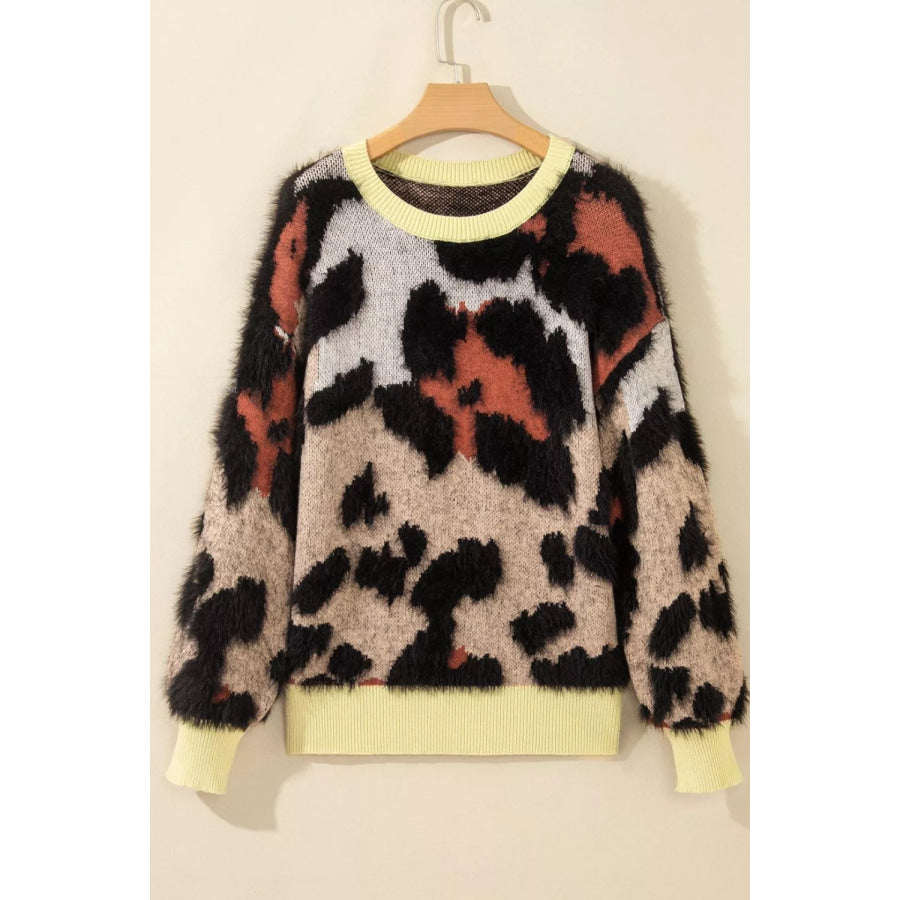 Leopard Print Drop Shoulder Long Sleeve Round Neck Sweater Apparel and Accessories