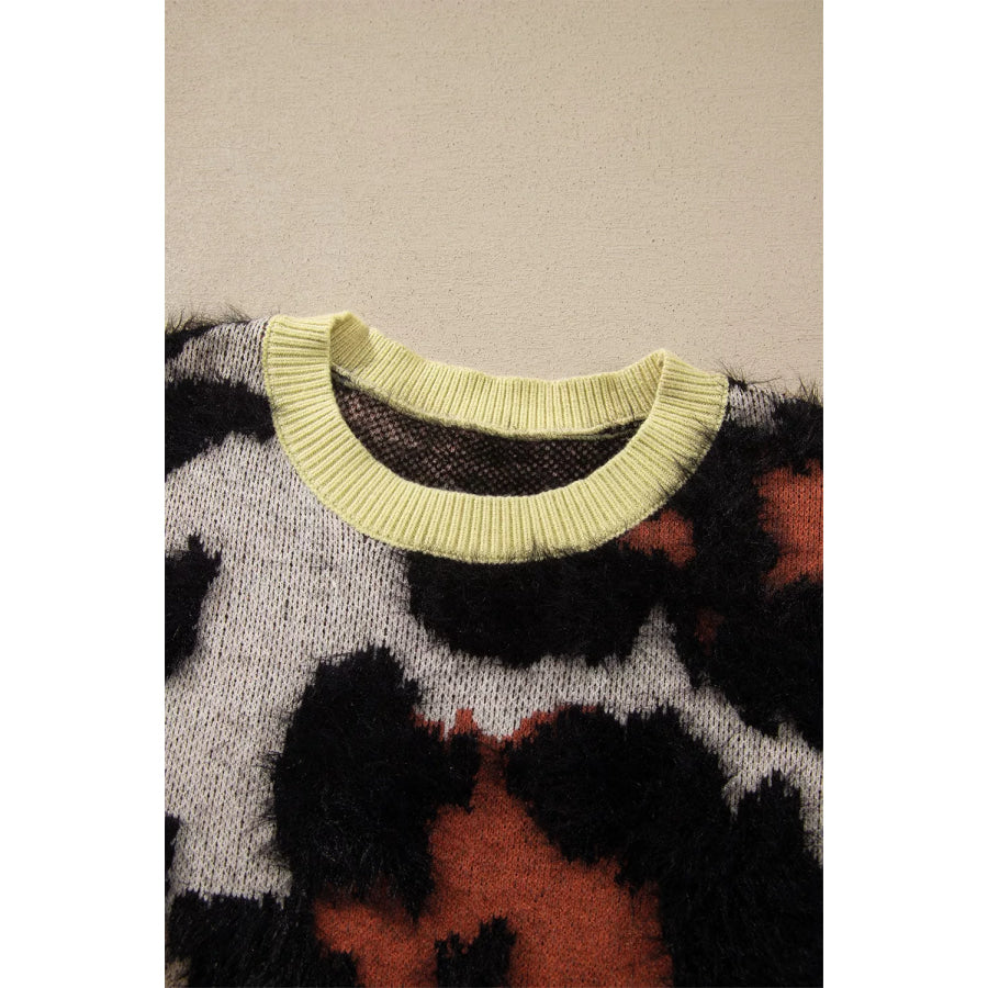 Leopard Print Drop Shoulder Long Sleeve Round Neck Sweater Apparel and Accessories