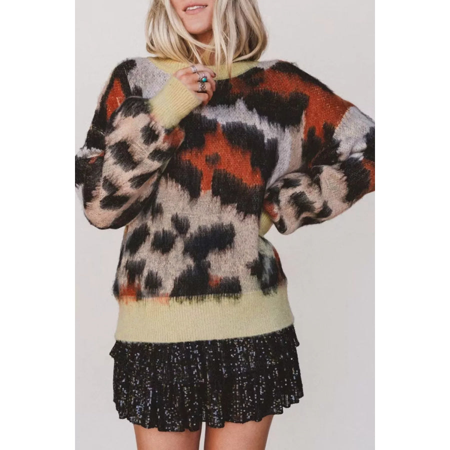Leopard Print Drop Shoulder Long Sleeve Round Neck Sweater Apparel and Accessories